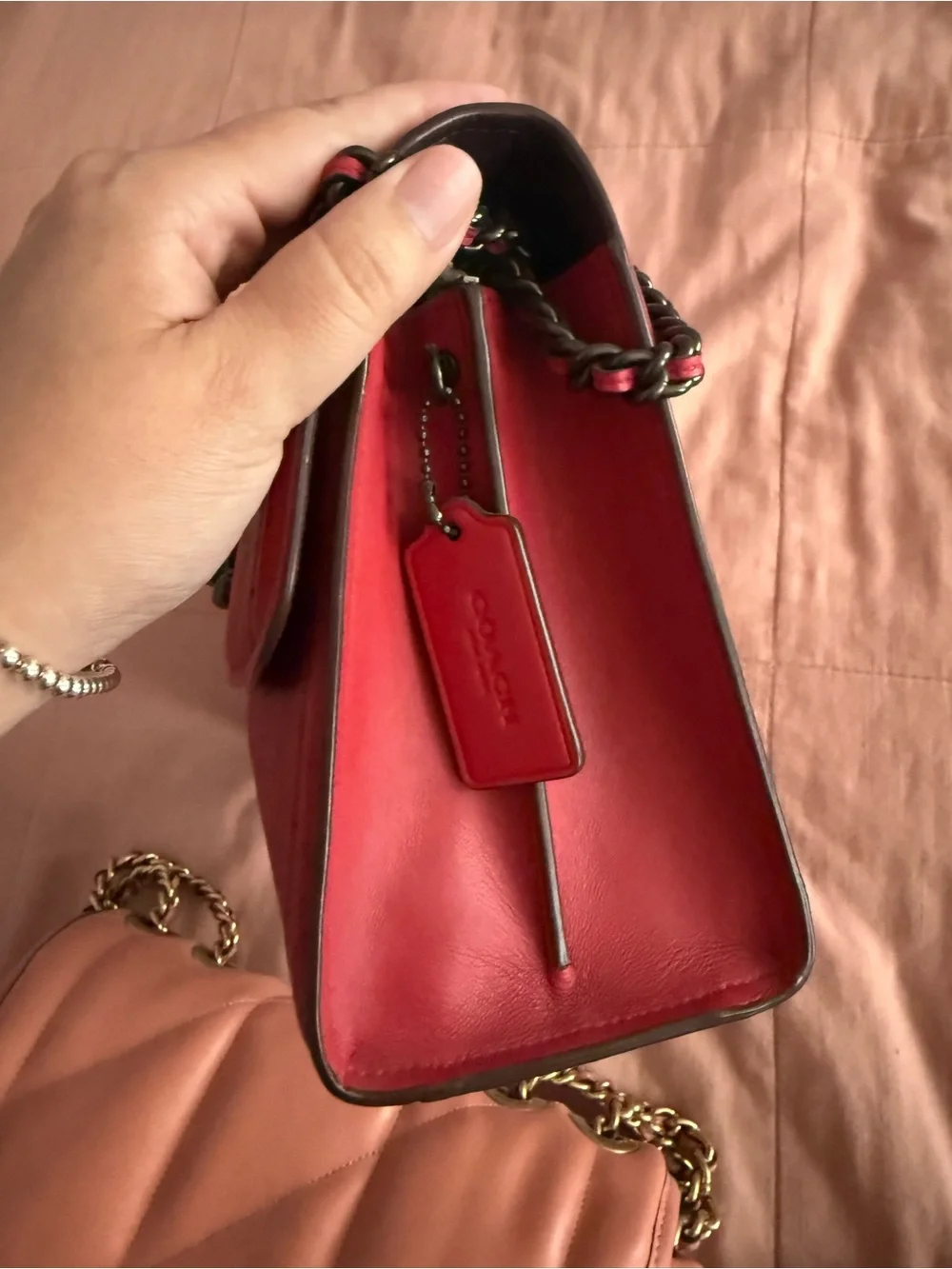 Coach Quilted Studded Red Crossbody with Chain Strap
